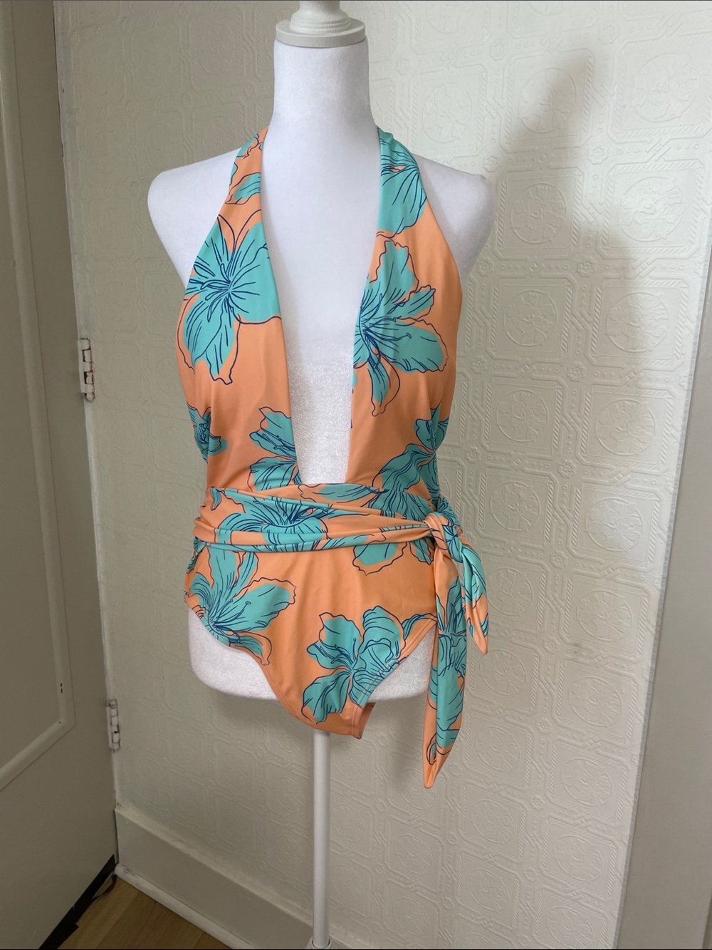 Cupshe Peach Halter One-Piece with Teal Floral Print